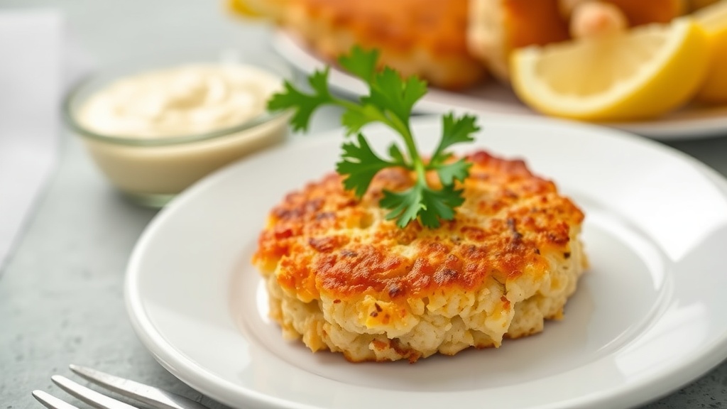 Savory and Crispy Crab Cakes Recipe Crispy crab cake on a plate with parsley and tartar sauce.